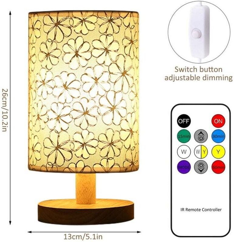 UlisemFabric-Tischlampe, LED-Nachtlicht aus Leinen, Fernbedienung, Warmweiß, Nachttischlampe, USB-betrieben, für Schlafz...
