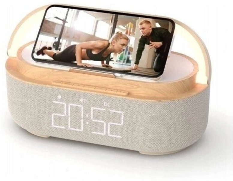Digitaler FM-Radiowecker mit kabelloser Ladefunktion, multifunktional mit USB-Ladeanschluss, Bluetooth-Lautsprecher, LED...