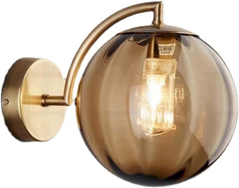 Tonchean - Wandleuchte in Bernsteinglaskugel, Bernsteinglaskugel mit goldenem Sockel, Nachttisch-Wandlampe (Bernstein)