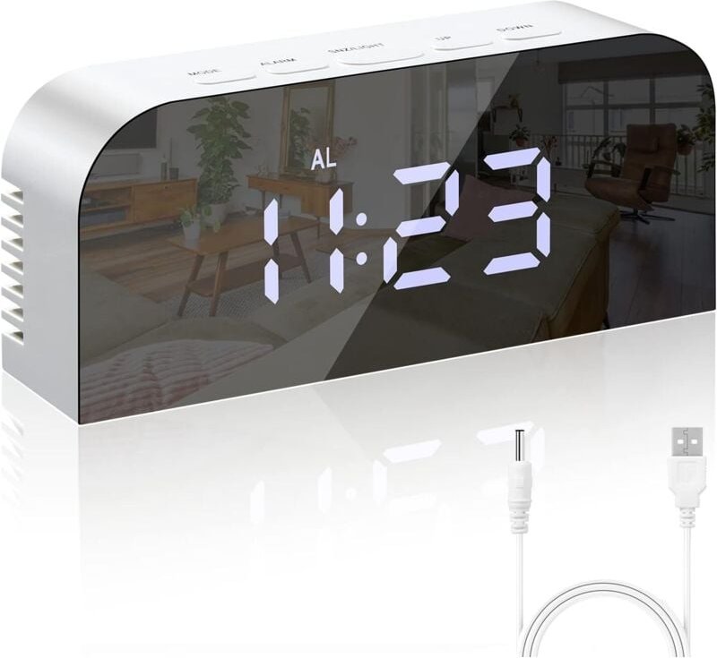 Digitaler Weckerspiegel, große Digitaluhr, LED-Digitaluhr, Nachttisch, 2 Helligkeitsstufen, 12/24 Std., mit 2 USB-Ladean...