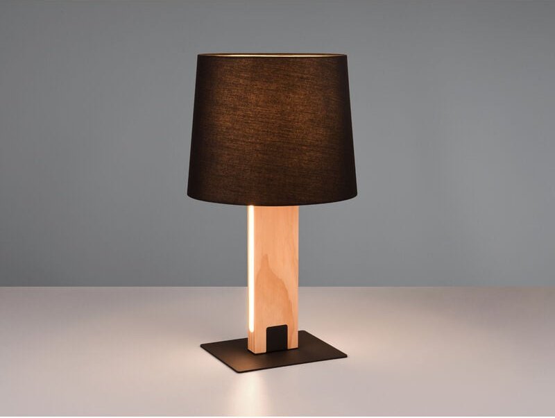 Tischleuchte rahul mit beleuchtetem Holzfuß und Stoffschirm, Höhe 50cm