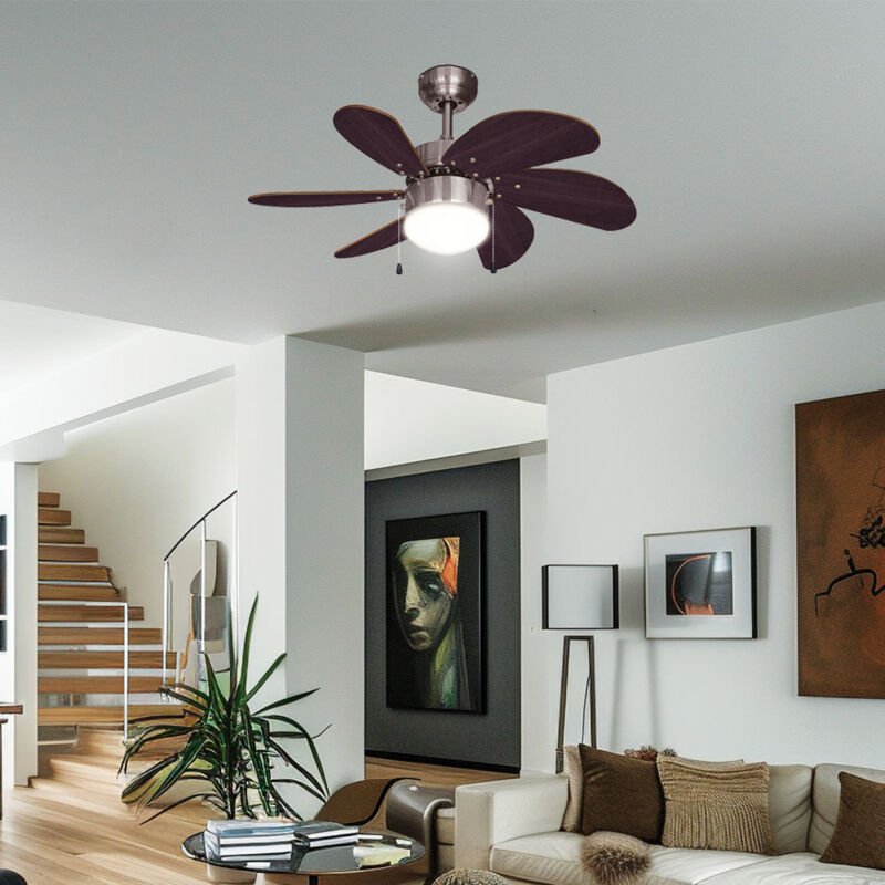 Deckenventilator Zugschalter Ventilator Vor und Rücklauf Lüfter Deckenleuchte, Holz dunkelbraun, Titan, E14 Fassung, DxH...