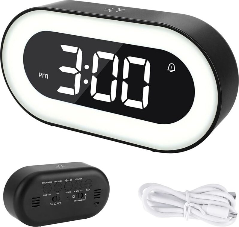 Digitaler Wecker, LED-Anzeige, Nachttischuhr, Nachtlicht, Doppelwecker, Schreibtischuhr mit einstellbarer Helligkeit - A...