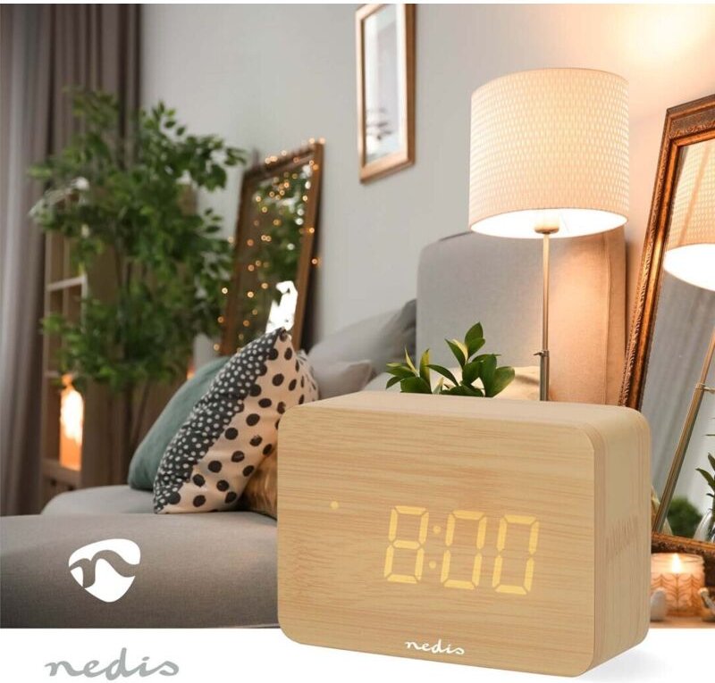 Nedis Digital-Schreibtisch-Wecker / LED / Backlight / Snooze-Funktion / Datumsanzeige / Raumtemperatut / Holz