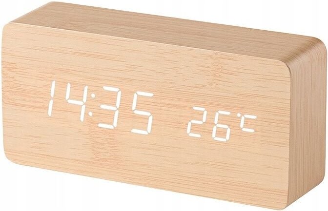 Holzwecker mit Klappthermometer, Stromversorgung über USB oder Batterien