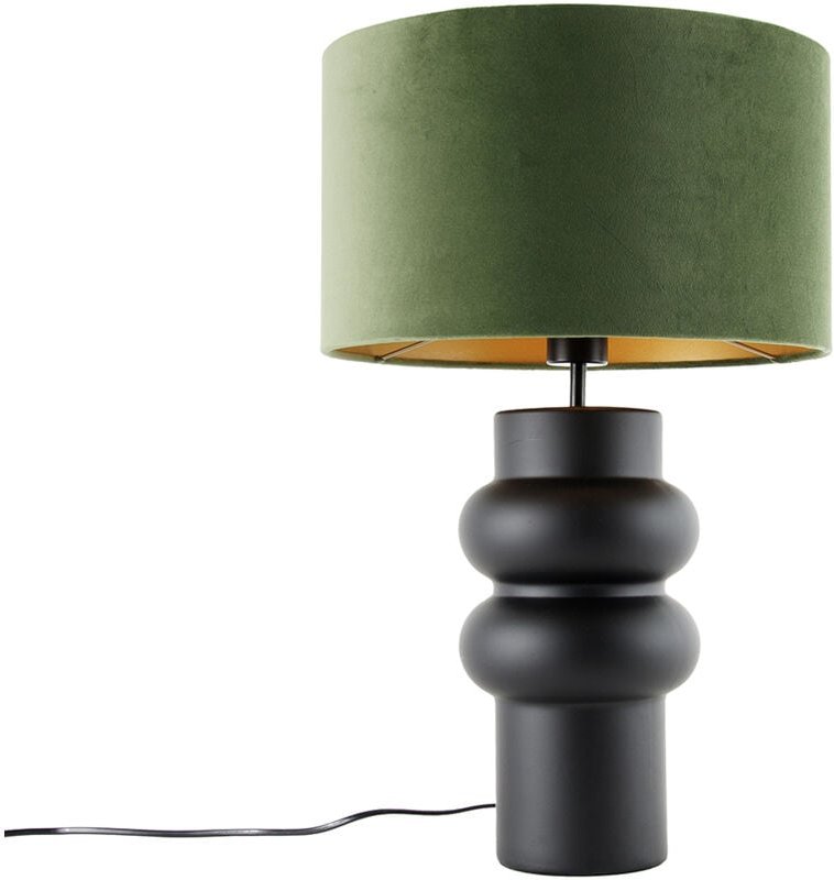 Design Tischleuchte Schwarz Samt Schirm Grün mit Gold 35 cm - Alisia