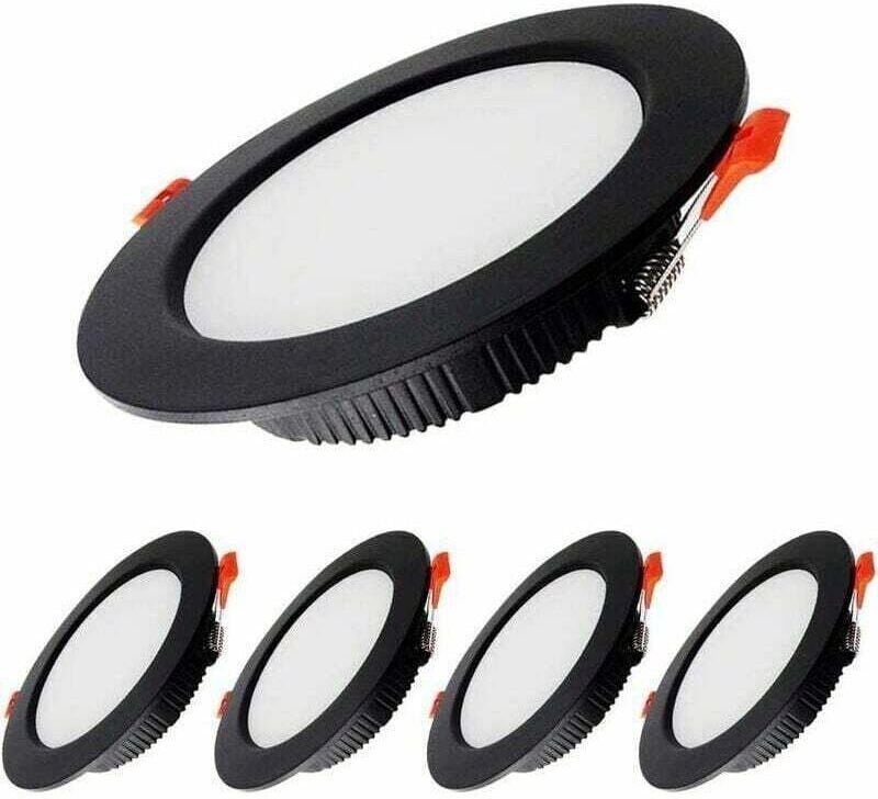 Set mit 5 schwarzen LED-Einbaustrahlern, 7 W, dimmbar, 700 lm, Schutzart IP44, Kaltweiß 6000 K, Ausschnitt 80-90 mm, für...