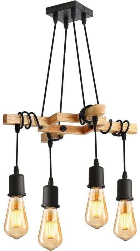 Industrielle Pendelleuchte, E27-Holzdeckenleuchte, Vintage-Schwarz, höhenverstellbar für Wohnzimmer, Küche, Schlafzimmer...