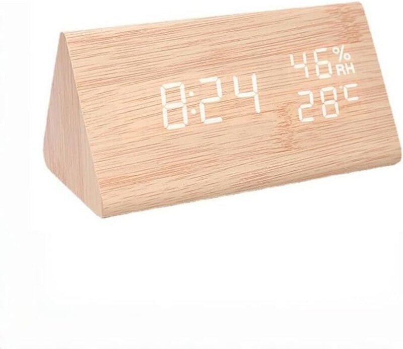 Dreifacher digitaler Wecker mit LED-Anzeige, elektronisch, Holz, 3 Alarmeinstellungen, Luftfeuchtigkeit und Temperatur, ...
