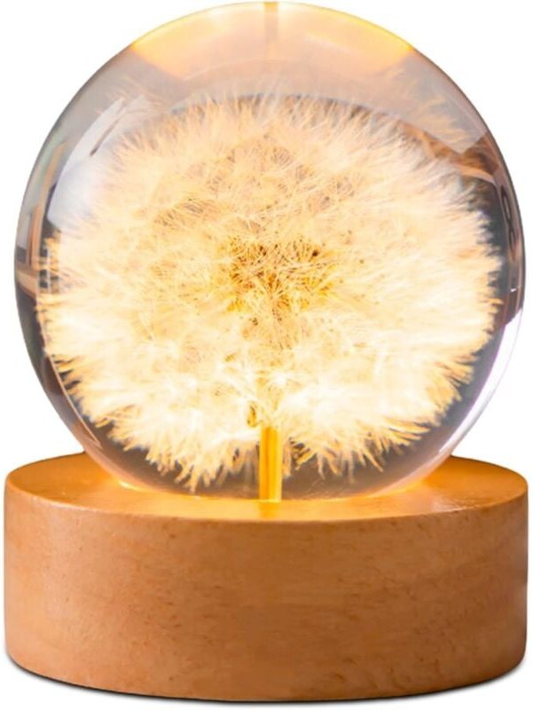 Kristall-Löwenzahn-Nachtlicht: 6 cm große Glaskugel mit LED-Holzsockel, Blumen-Glaskugel-Nachtlampe, USB-Dekoration, Hol...