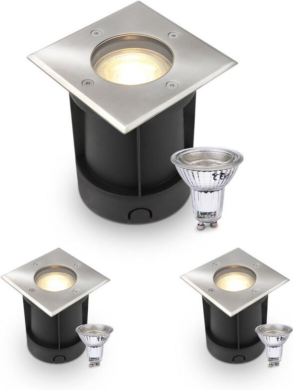 LED Bodeneinbaustrahler eckig Edelstahl 230V IP67 - Leuchtmittel: GU10 5W 2700K DIMMBAR - Anzahl: 3x
