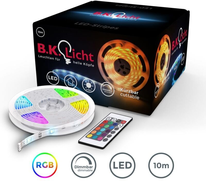 B.k.licht - led Streifen 10 m - dimmbar, Fernbedienung, Farbwechsel, rgb