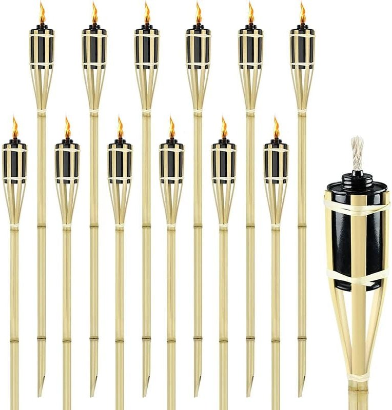 UISEBRT Gartenfackeln für Draußen 12er Set Bambusfackeln, Ölfackeln aus Bambus mit Docht Stimmungsvolle Fackeln Deko Öll...