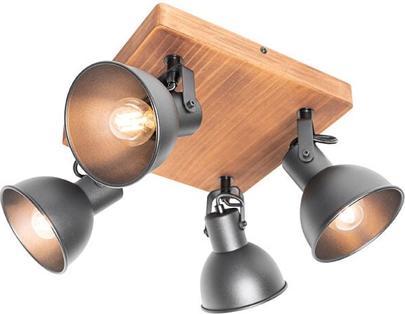 Industrie-Spot schwarz mit Holz neigbar 4-flammig - Tommy