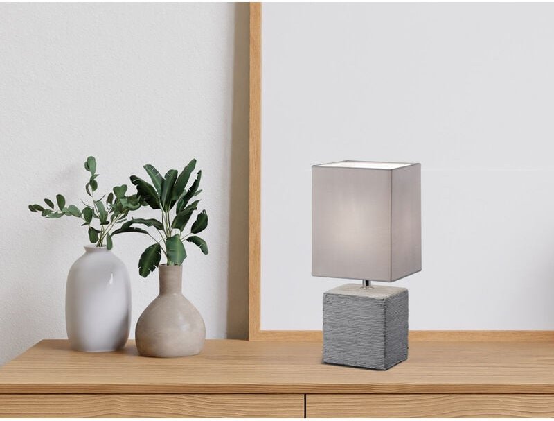 Meinewunschleuchte - led Tischleuchte mit Keramik & Stoff Lampenschirm Grau, Höhe 29cm