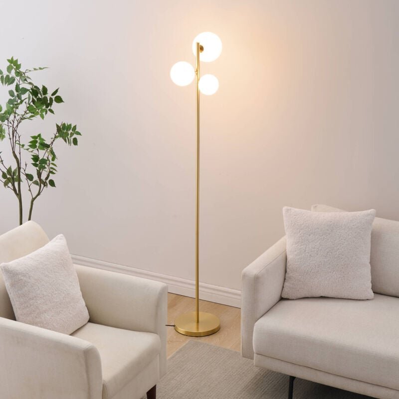 Goldene Stehleuchte mit drei weißen Glaskugeln 150 cm - Melinda