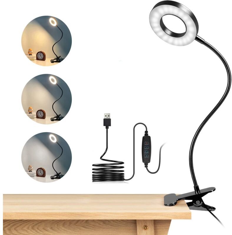 48 LED-Clip-Schreibtischlampe, 360° flexibel, Clip-Leselampe, 3 Beleuchtungsmodi und 10 Helligkeitsstufen, USB-LED-Schre...