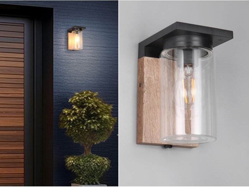 Trio Leuchten - Außen Wandlaterne ardila in Schwarz & Holzoptik mit Glasschirm, Höhe 19cm