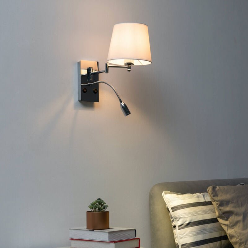 Wand-Leseleuchte aus verchromtem Metall und weißem Stoff - Aras