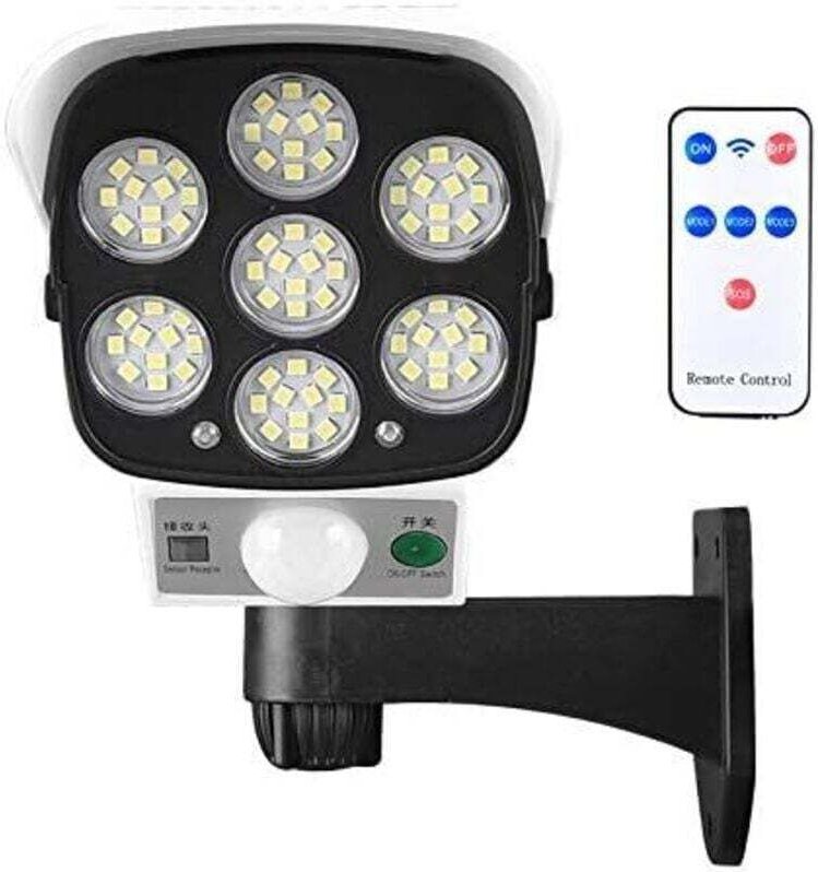Solar-Außenleuchte mit kabellosem Bewegungsmelder und Attrappe einer Sicherheitskamera, IP66 wasserdicht, 77 LEDs, Wands...