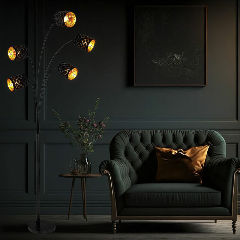 Standleuchte Stehlampe Schlafzimmerleuchte 5-flammig, Textilschirme schwarz vergoldet, Dekorstanzungen, Metall Stoff, 5x...