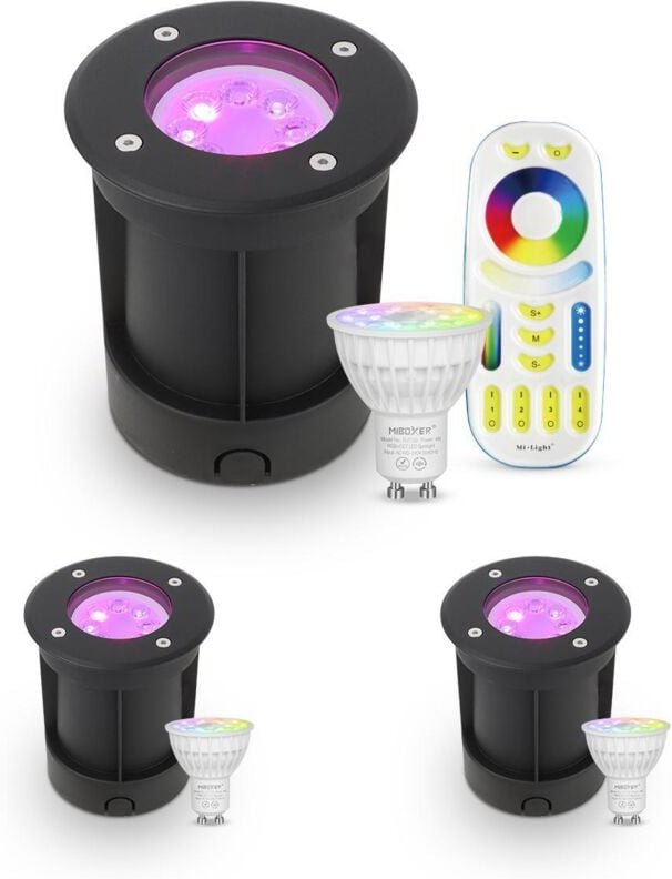 Thumbnail - LED Bodeneinbaustrahler Schwarz rund 230V IP67 - Leuchtmittel: GU10 RGB+CCT DIMMBAR inkl. Fernbedienung - Anzahl: 3x