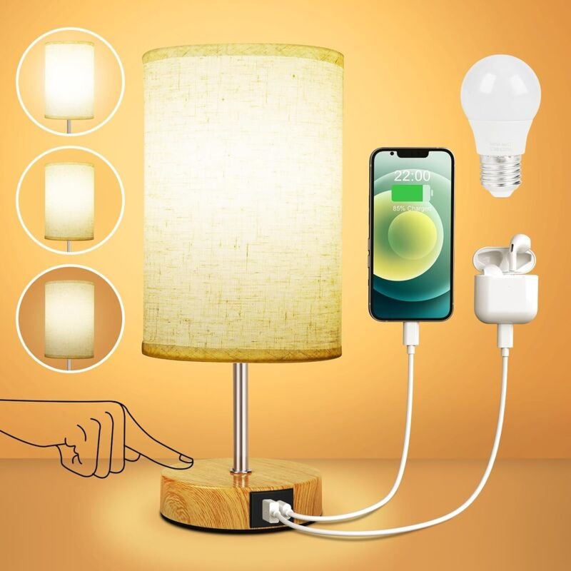 Thumbnail - Nachttischlampe Touch Dimmbar mit USB A+C Ladeanschlüssen, Lampenschirm aus Leinenstoff, Holzsockel, Kleine Tischlampe f...