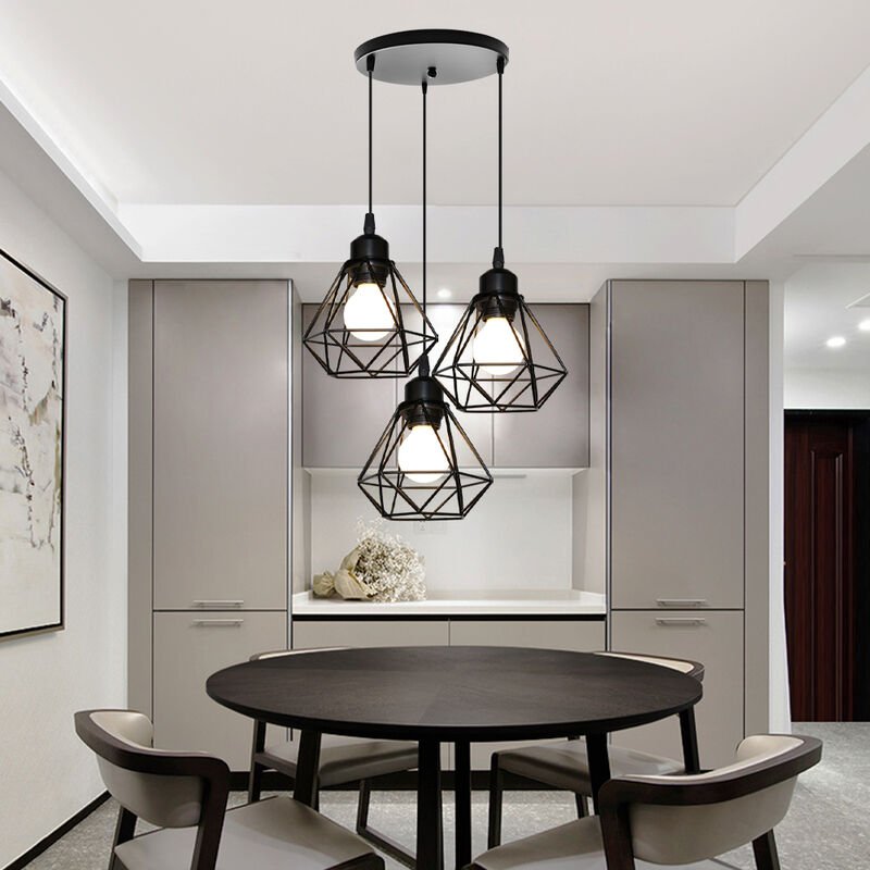 3-flammige Metall Pendelleuchte in Rautenform E27 Vintage Lüster Kronleuchter für Küche Schlafzimmer Restaurant Schwarz