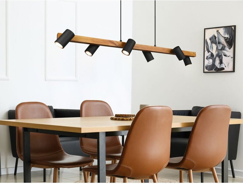 Led Holzbalken Pendelleuchte 6-flammig lang Schwarz, Breite 115cm