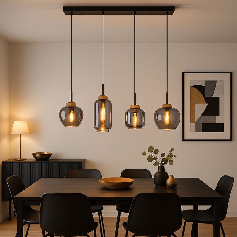 Pendelleuchte Esszimmerlampe hängend 4-Flammig rauch Hängelampe Rauchglas, Metall, 4x E27 Fassungen, LxBxH 96x23x120 cm