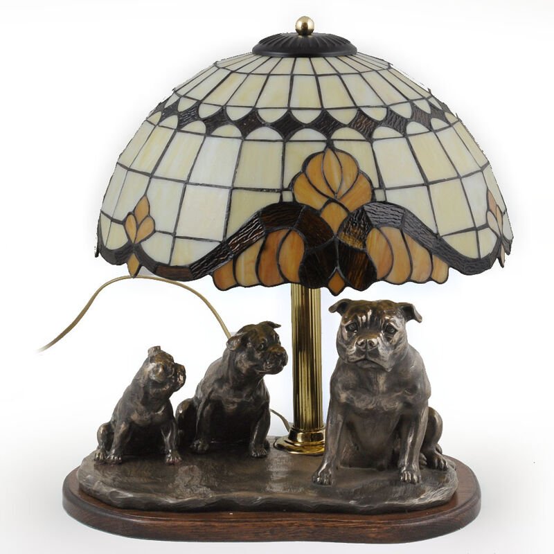 American Staffordshire Terrier, Amstaff, Amstaf - Lampe mit Buntglas-Lampenschirm, Tischlampe mit Hundestatuette, Retro-...