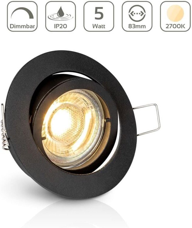 Einbauspot IP20 rund schwenkbar Bajonettverschluss - Farbe: Schwarz - LED Leuchtmittel: GU10 5W warmweiß dimmbar
