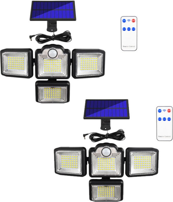 2 Stück Solar-Vierkopf-Drehleuchte mit Fernbedienung, Bewegungsmelder, wasserdichte Garten- und Straßenleuchte, 192 LEDs