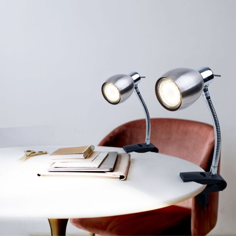 Klemmlampe nickel matt Klemmleuchte Klemmlampe led mit Stecker, Tischleuchte Leselampe, Spot beweglich, Metall schwarz, ...