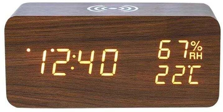 Kabelloser digitaler LED-Wecker mit Temperatur- und Feuchtigkeitsanzeige, einstellbarer Helligkeit (braun) XXW