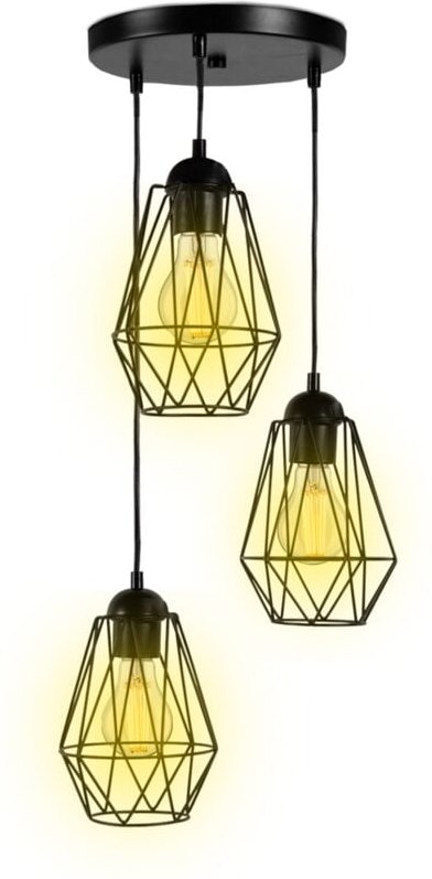 Hängeleuchte mit 3 industriellen Lampen in Diamantform aus schwarzem Metall