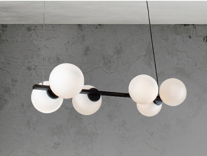 LED Pendelleuchte 6 flammig Schwarz & Opalglas Kugeln Weiß, Breite 80cm