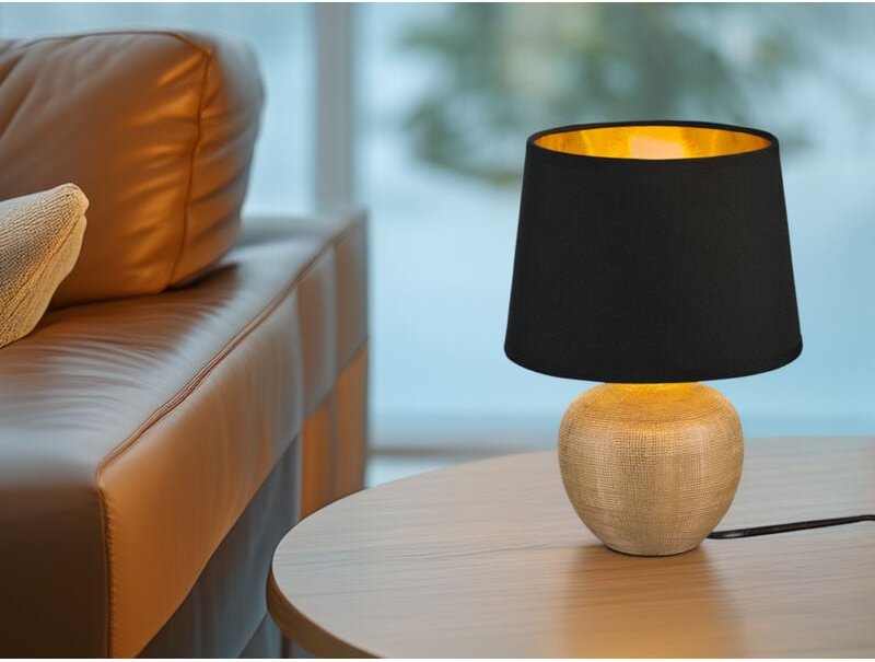 Trio Lighting - Tischleuchte luxor Keramik mit Stoffschirm Schwarz / Gold, Höhe 26cm