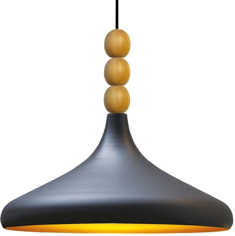 Schlichte Schwarz Pendelleuchte mit Drei Perlen und Holzkopf - Vintage-Kronleuchter E27 Ø35 cm für Wohnzimmer, Schlafzim...