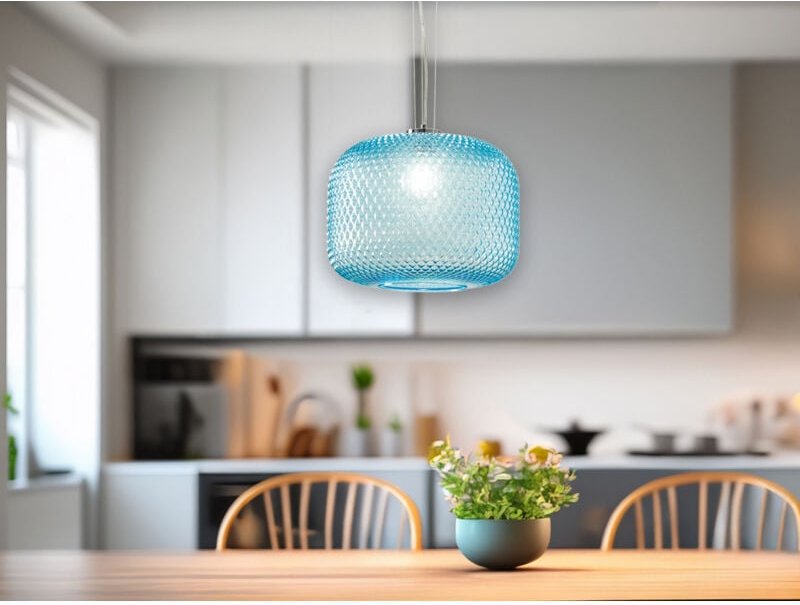 LED Pendelleuchte einflammig Kristall Glasschirm in Blau, Ø 40cm