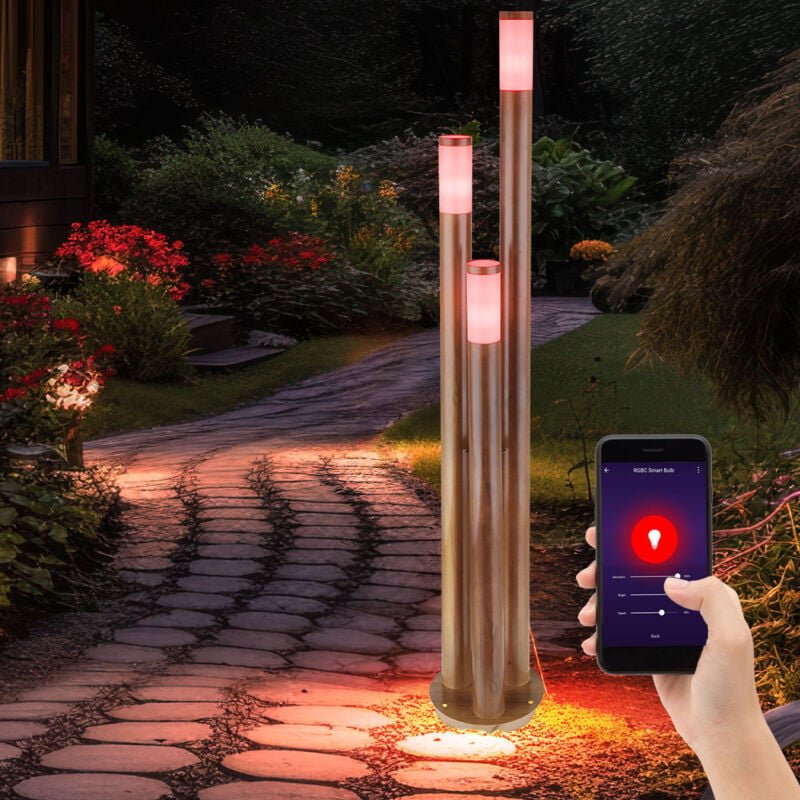 Wegeleuchten Außen Edelstahl Außenlampe Standleuchte Gartenleuchte Holzoptik, Edelstahl, App-Steuerung, 3x Smart rgb led...