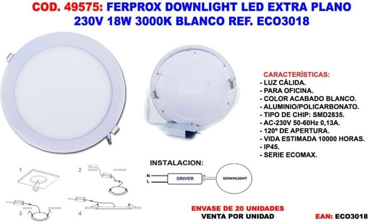 Ferprox extraflaches LED-Downlight 230V 18W 3000K weiß