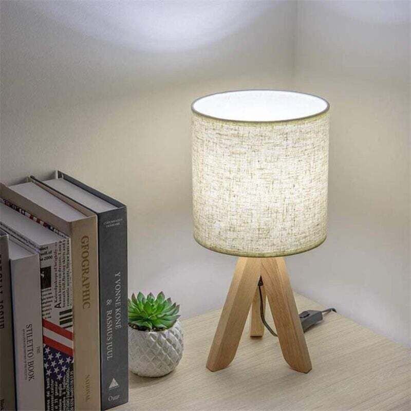Thumbnail - Ulisem Nordische Tischlampe mit drei Köpfen, Holz und Stoff, einfache Nachttischlampe, geeignet für Arbeitszimmer, Schla...