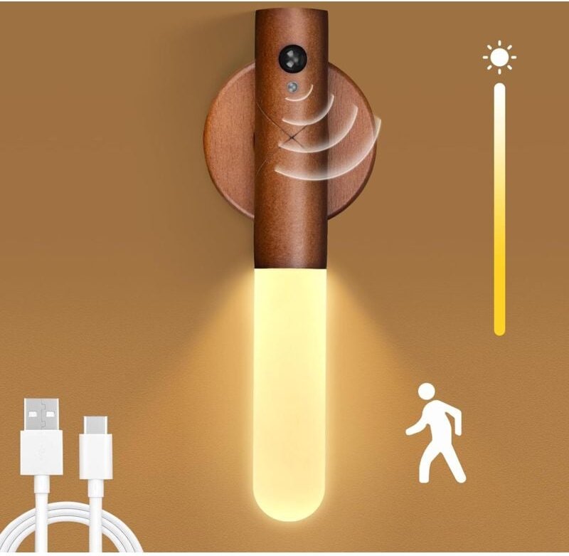 Kabellose Wandlampe mit Bewegungsmelder, 6000 K magnetische Holz-Wandleuchte, einstellbare Farbtemperatur/Helligkeit, wi...
