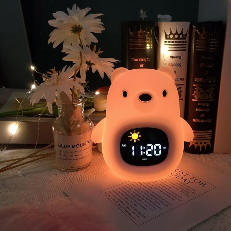 Pädagogischer Kinderwecker mit Bärenmotiv, Tag/Nacht, 2 Alarme/12/24 Stunden, 8-Farben-Lichtwecker, digitaler Morgenweck...