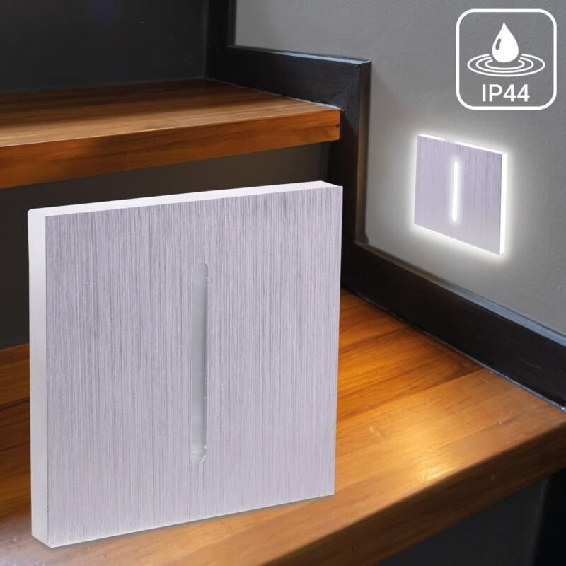 LED Treppenleuchte IP44 eckig Alu-gebürstet - Lichtfarbe: Neutralweiß 1,5W - Lichtaustritt: Fokus
