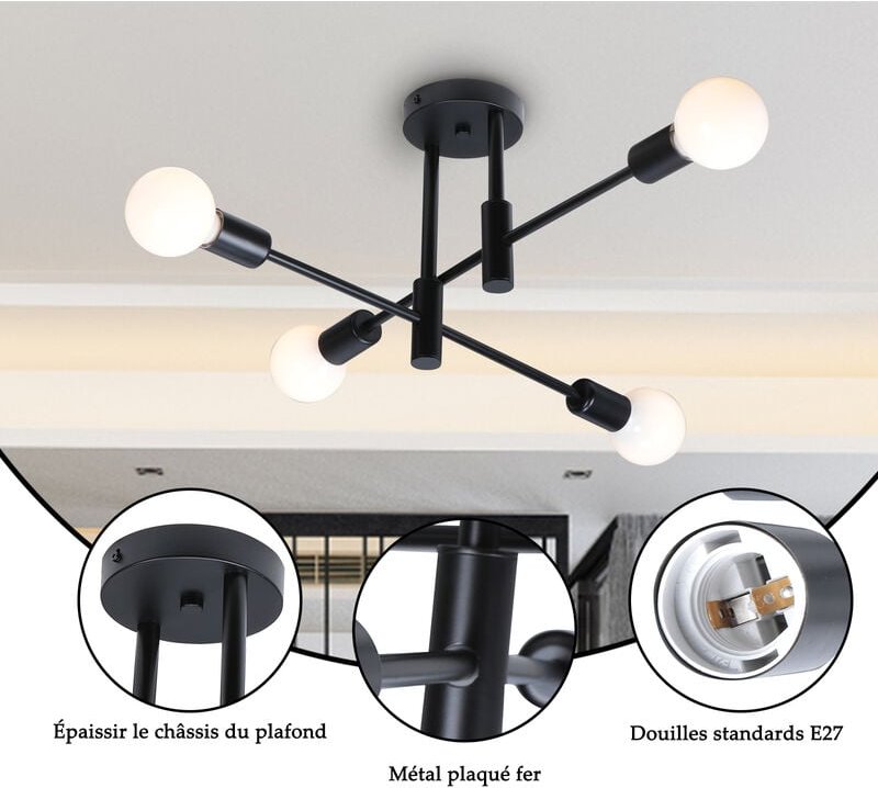 Axhup - Deckenleuchte Metall E27 Deckenleuchte Moderne Industrielle, Kronleuchter 4 Edison Fassungen, Aufhängung Innenbe...