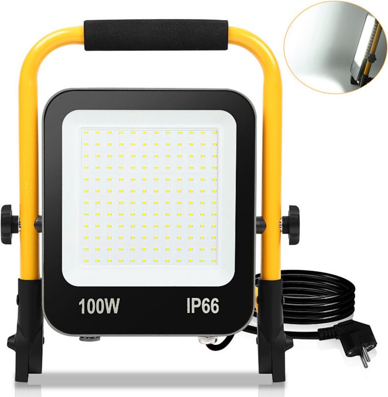 Jiubiaz LED-Baustrahler, IP66 Außenstrahler, 120° Abstrahlwinkel, 100W LED Fluter mit Stativ, 6000K Kaltweiß Arbeitslamp...