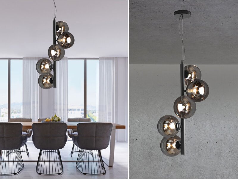 Luce Ambiente Design - Pendelleuchte neptun 5 flammig in Schwarz mit Rauchglas Kugeln lang, Höhe 183cm