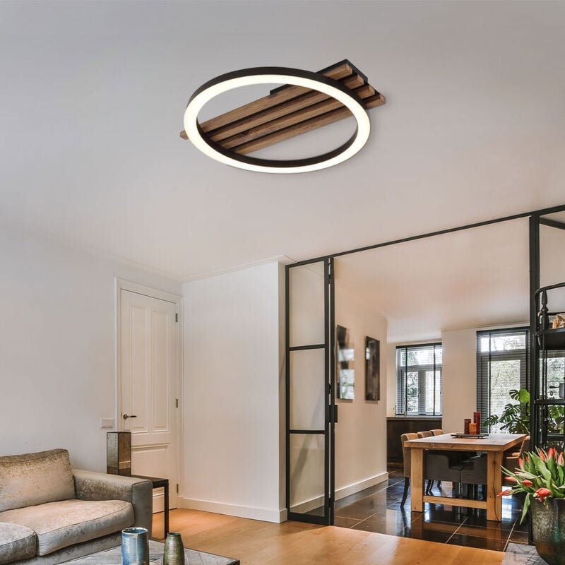 Thumbnail - Globo Lighting - Deckenleuchte Deckenlampe Esszimmerleuchte Holzleuchte Ring schwarz led l 34 cm